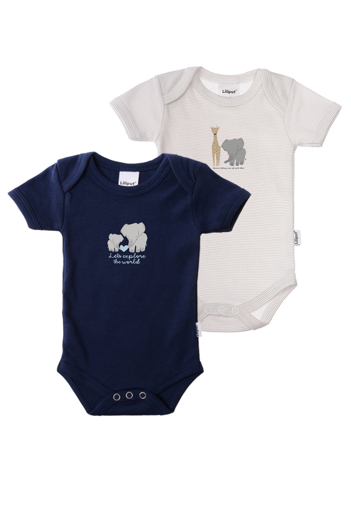 Doppelpack Kurzarmbodies in marine und grau gestreift mit Elefanten Frontprints.