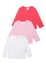 3er Pack Langarmshirts in himbeer, rosa und weiß aus Bio Baumwolle.