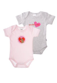 Doppelpack Kurzarmbodies in grau und rosa gestreift mit bunten Prints.