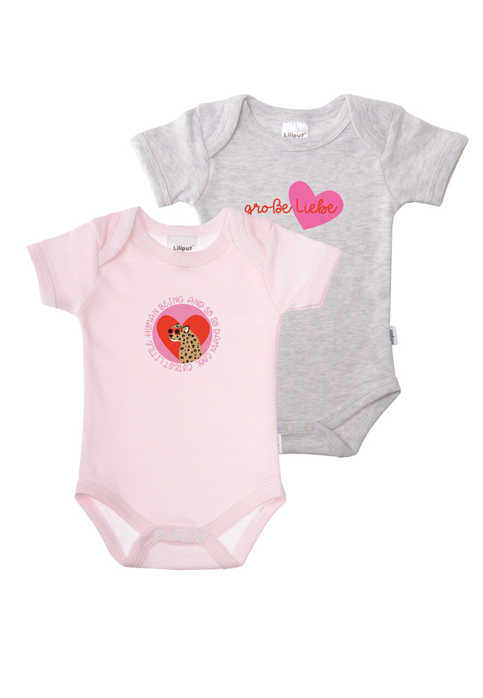 Doppelpack Kurzarmbodies in grau und rosa gestreift mit bunten Prints.