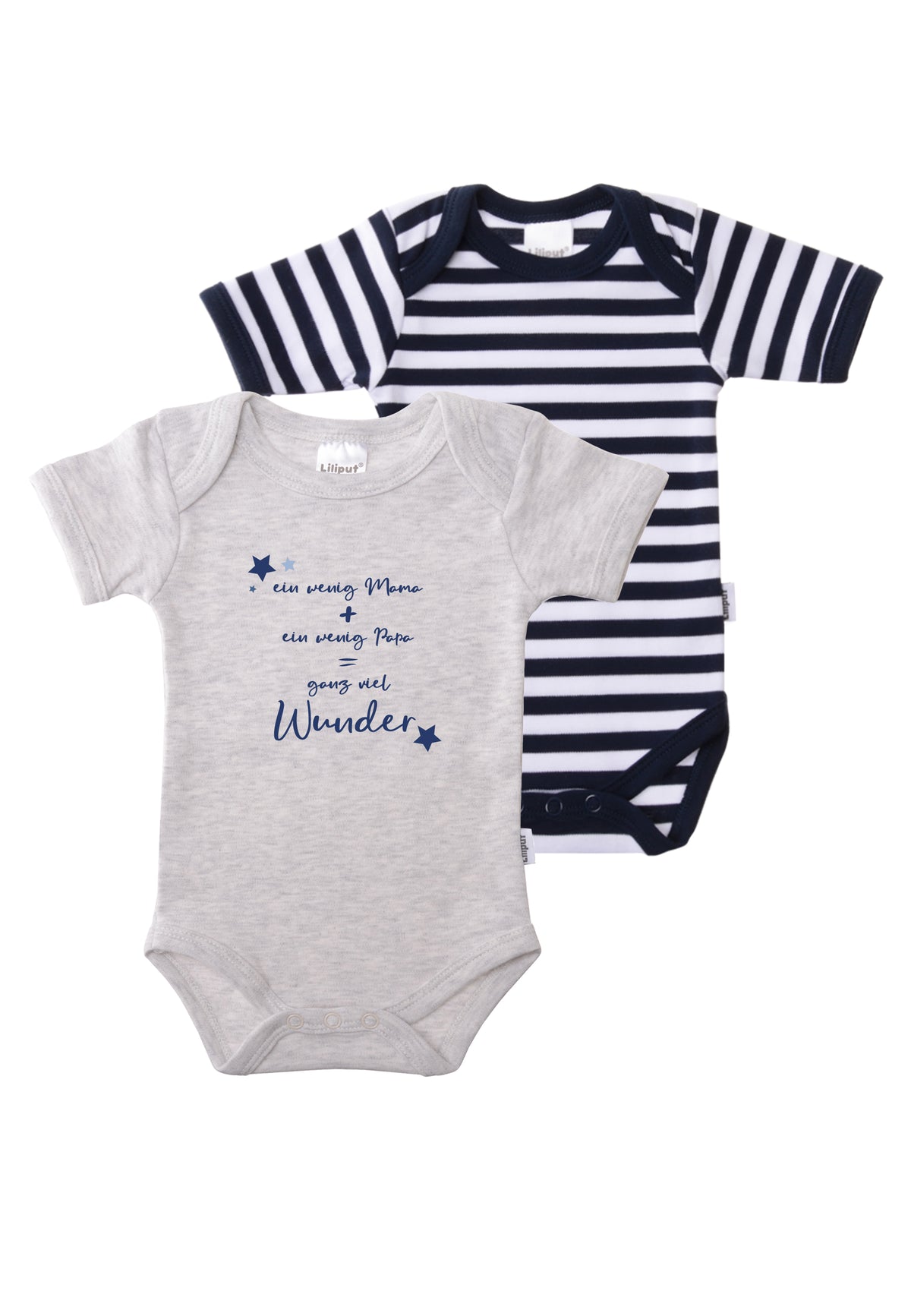 2er-Pack Kurzarmbodys grau und marine-gestreift mit Print "Wunder"