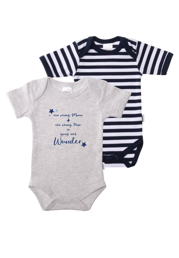 2er-Pack Kurzarmbodys grau und marine-gestreift mit Print "Wunder"