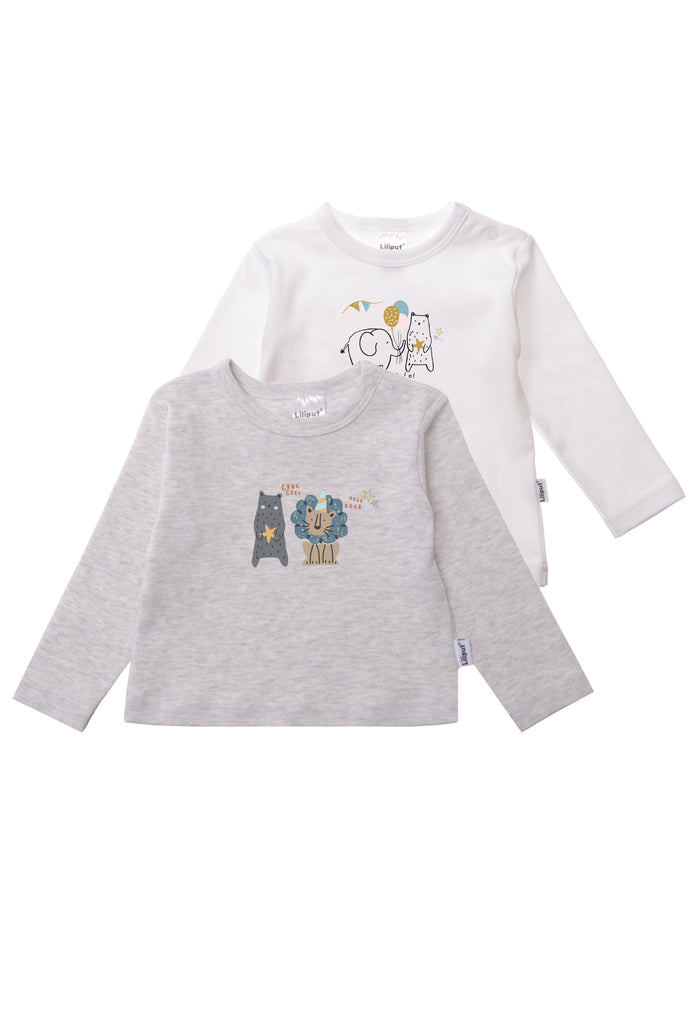 2er-Pack Langarmshirts in weiß und grau-melange mit Print