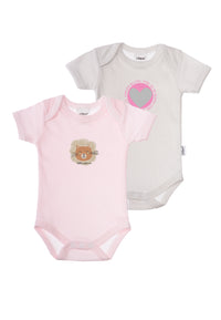 Doppelpack Amineckbodies in grau und rosa gestreift mit fröhlichen Frontprints "Löwe" und Herzpatch.