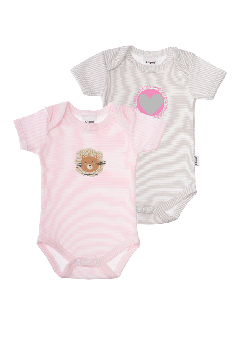 Doppelpack Amineckbodies in grau und rosa gestreift mit fröhlichen Frontprints "Löwe" und Herzpatch.