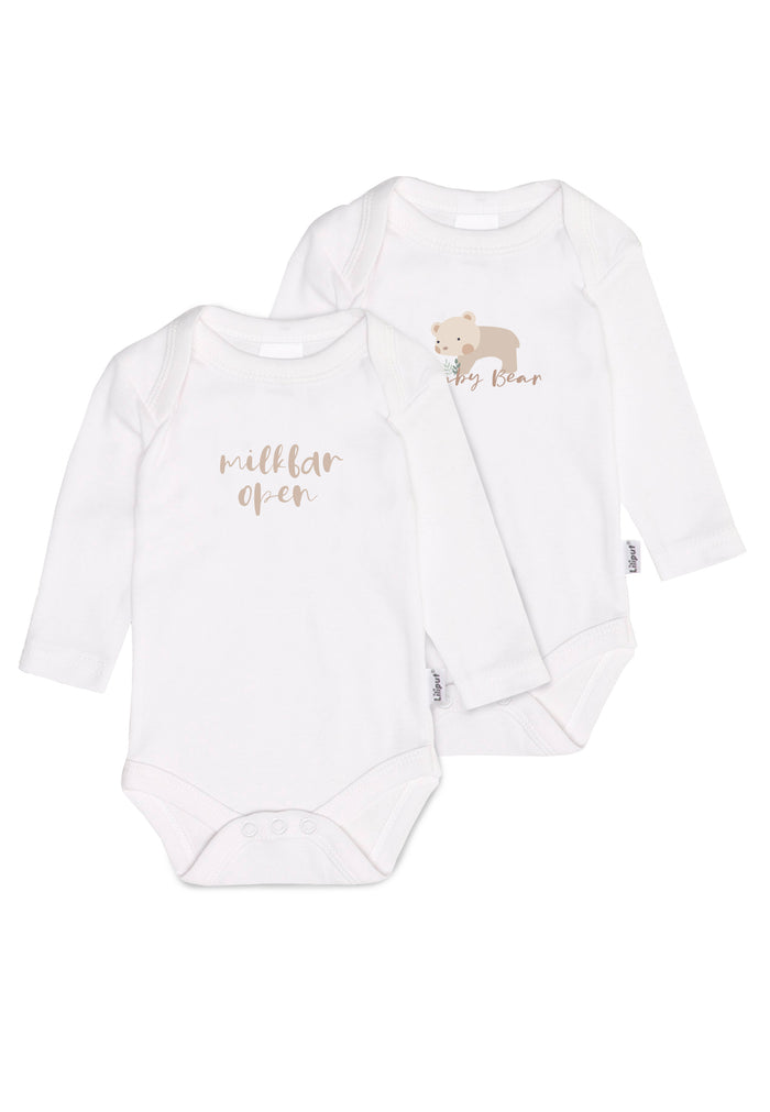 Doppelpack Amineckbodies mit Print "milkbar open" und "baby bear" in  beigen Farbtönen.