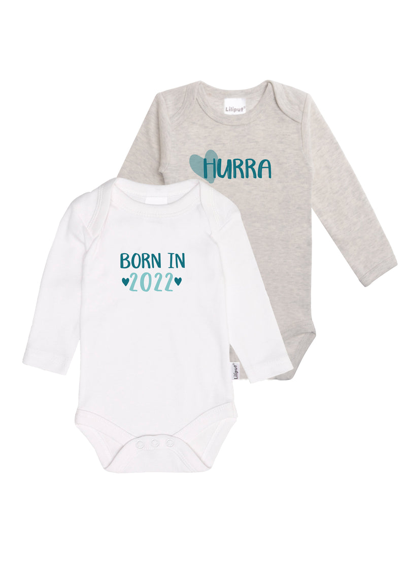 2er Pack Langarmbodies in grau und weiß mit den Prints "hurra" und "born in 2022".