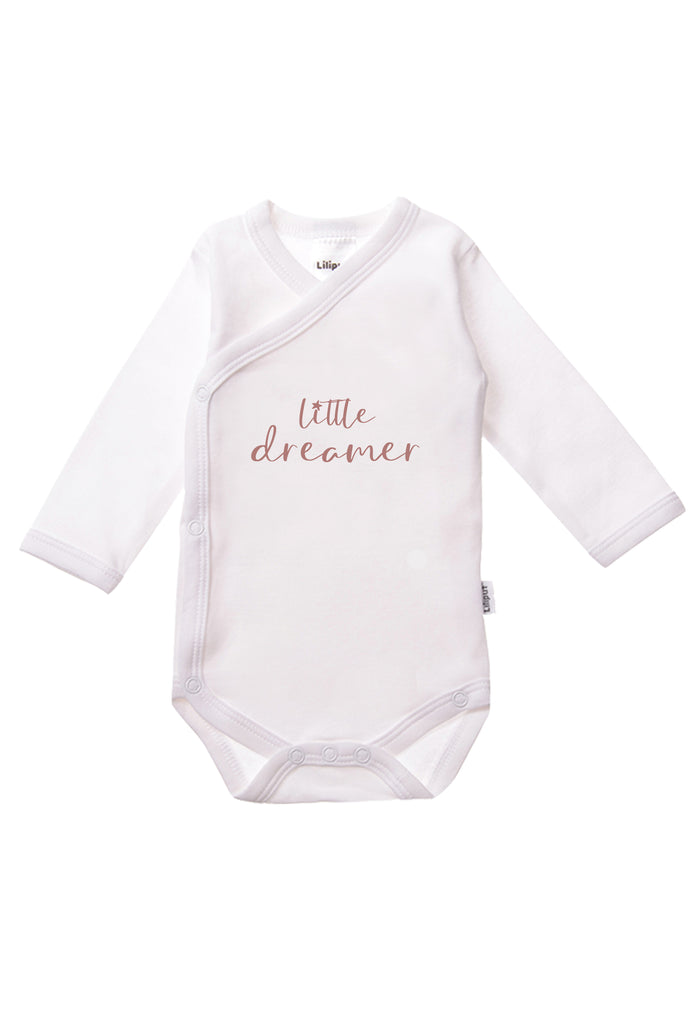 Langarm Wickelbody in weiß mit dezentem Aufdruck "little dreamer".
