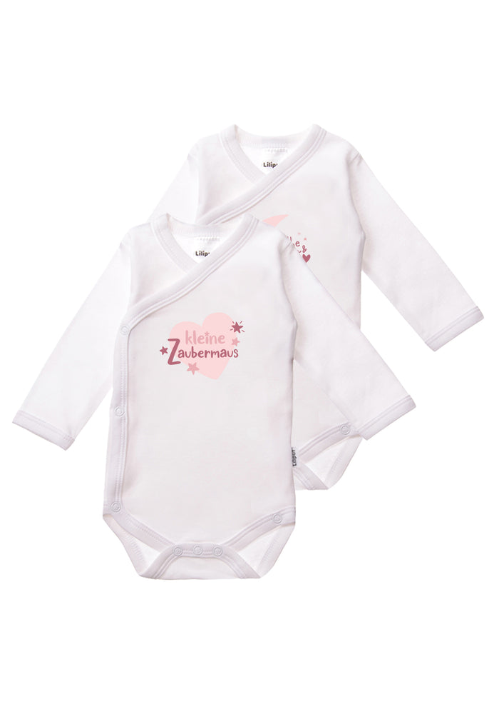 Doppelpack Wickelbodies mit langen Armen und rosa Prints. 
