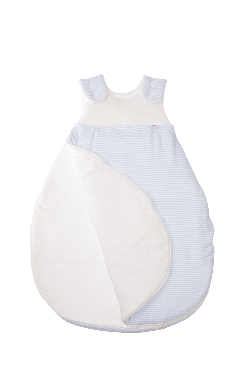 Schlafsack für Babys in unterschiedlichen Längen mit Knöpfen und Reißverschluss an der Seite. Design:  hellblaue Streifen