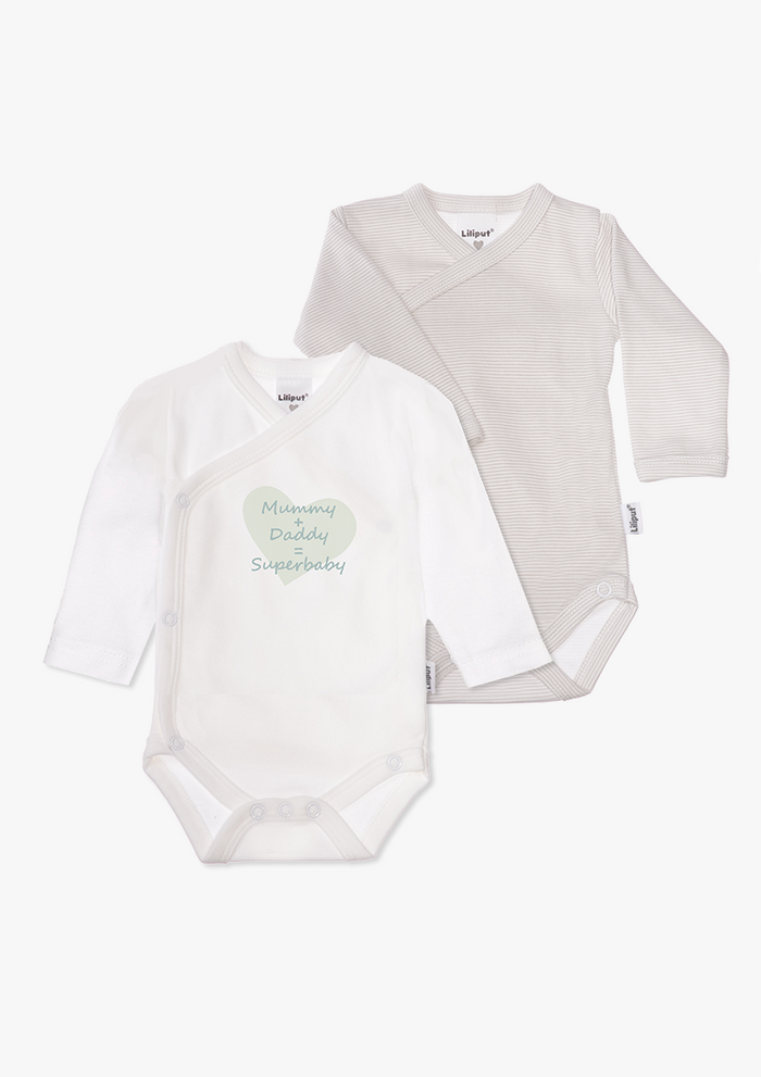 2er-Pack Langarm-Wickelbodys in gestreift und mit "Superbaby"