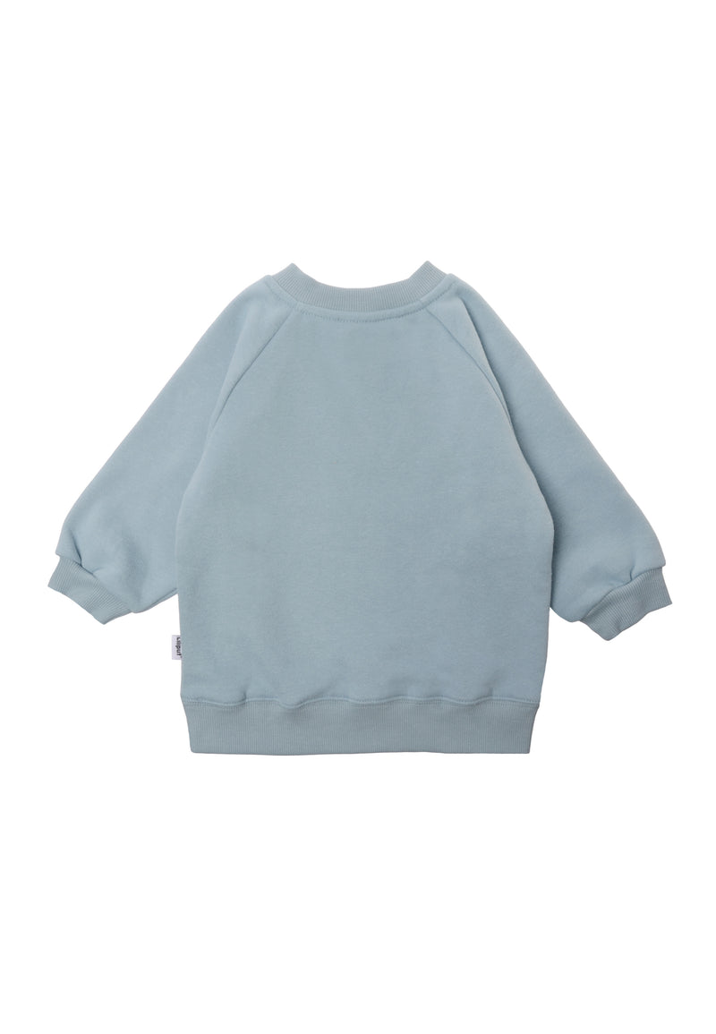 Rückseite des Sweatshirts in hellblau mit Raglanärmeln und weichen Ribbündchen