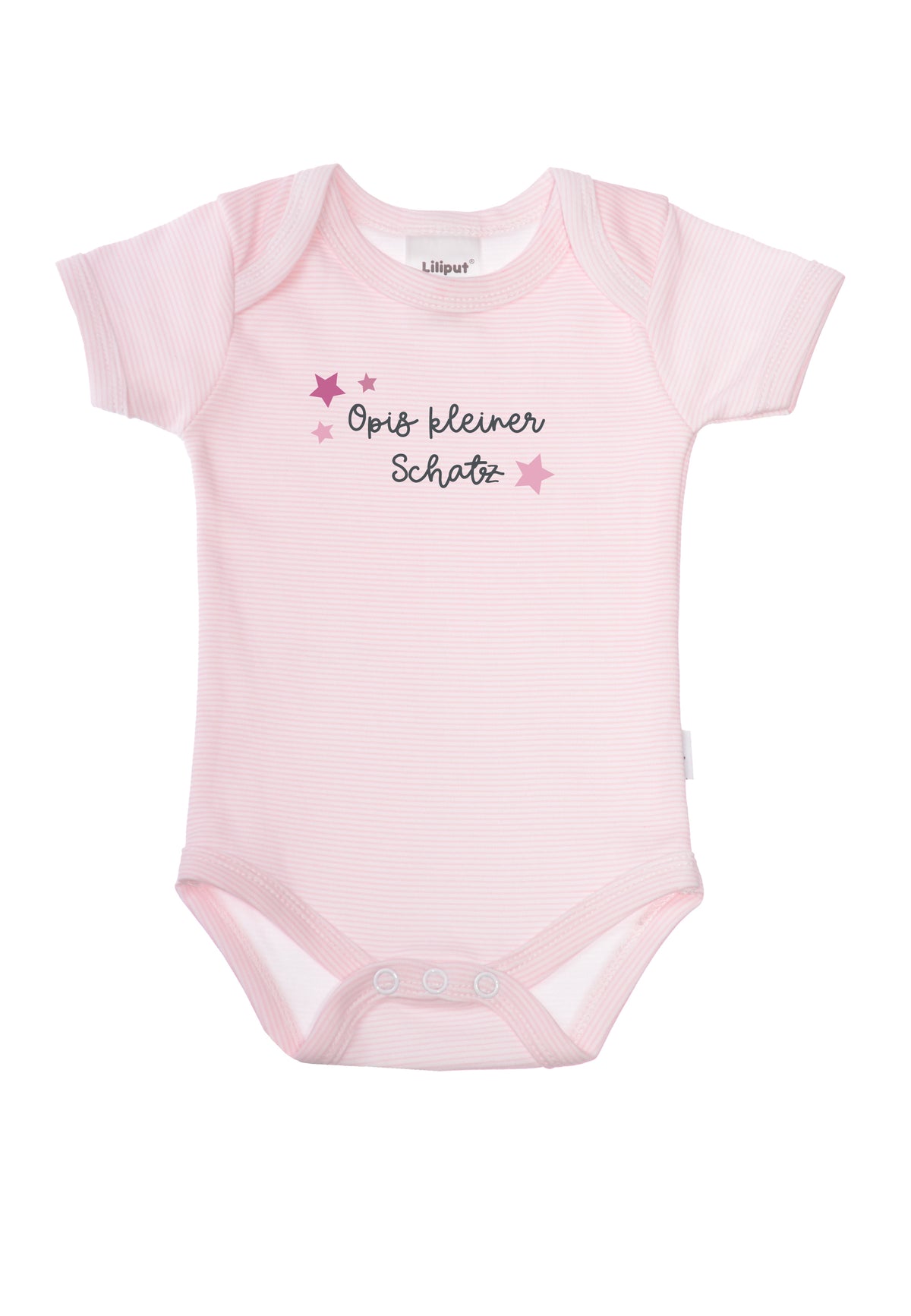 Kurzarmbody in rosa gestreift mit Wording "Opis kleiner Schatz".