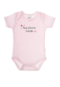 Kurzarmbody in rosa gestreift mit Wording "Opis kleiner Schatz".