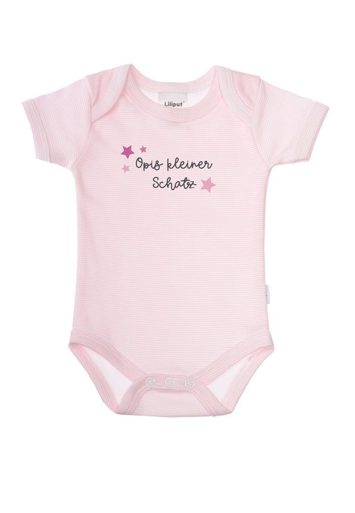 Kurzarmbody in rosa gestreift mit Wording "Opis kleiner Schatz".