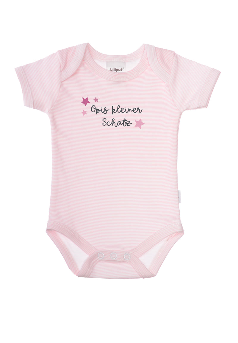 Kurzarmbody in rosa gestreift mit Wording "Opis kleiner Schatz".