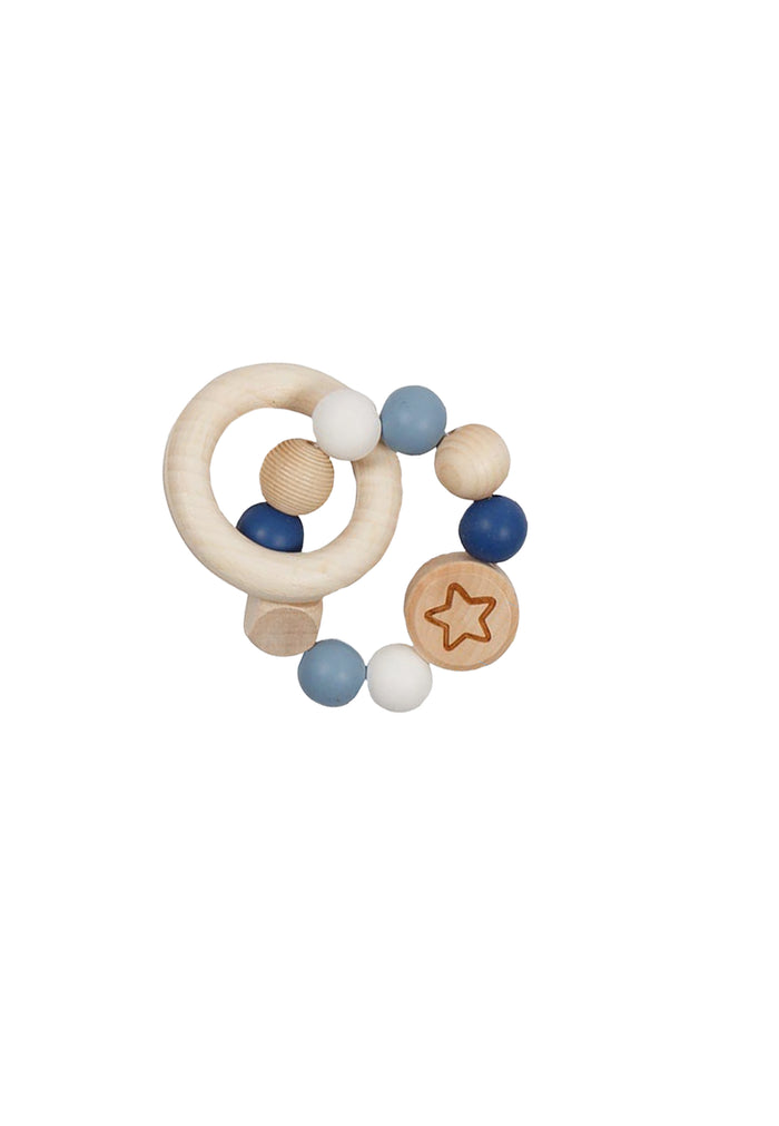 Greifring von Goki mit Holz und Silikon Elementen in hellblau/blau.