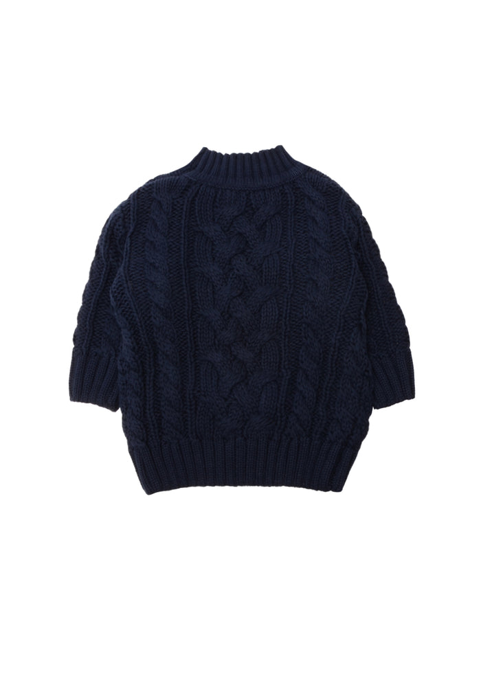 Rückseite Strickpulli mit Zopfmuster in marine