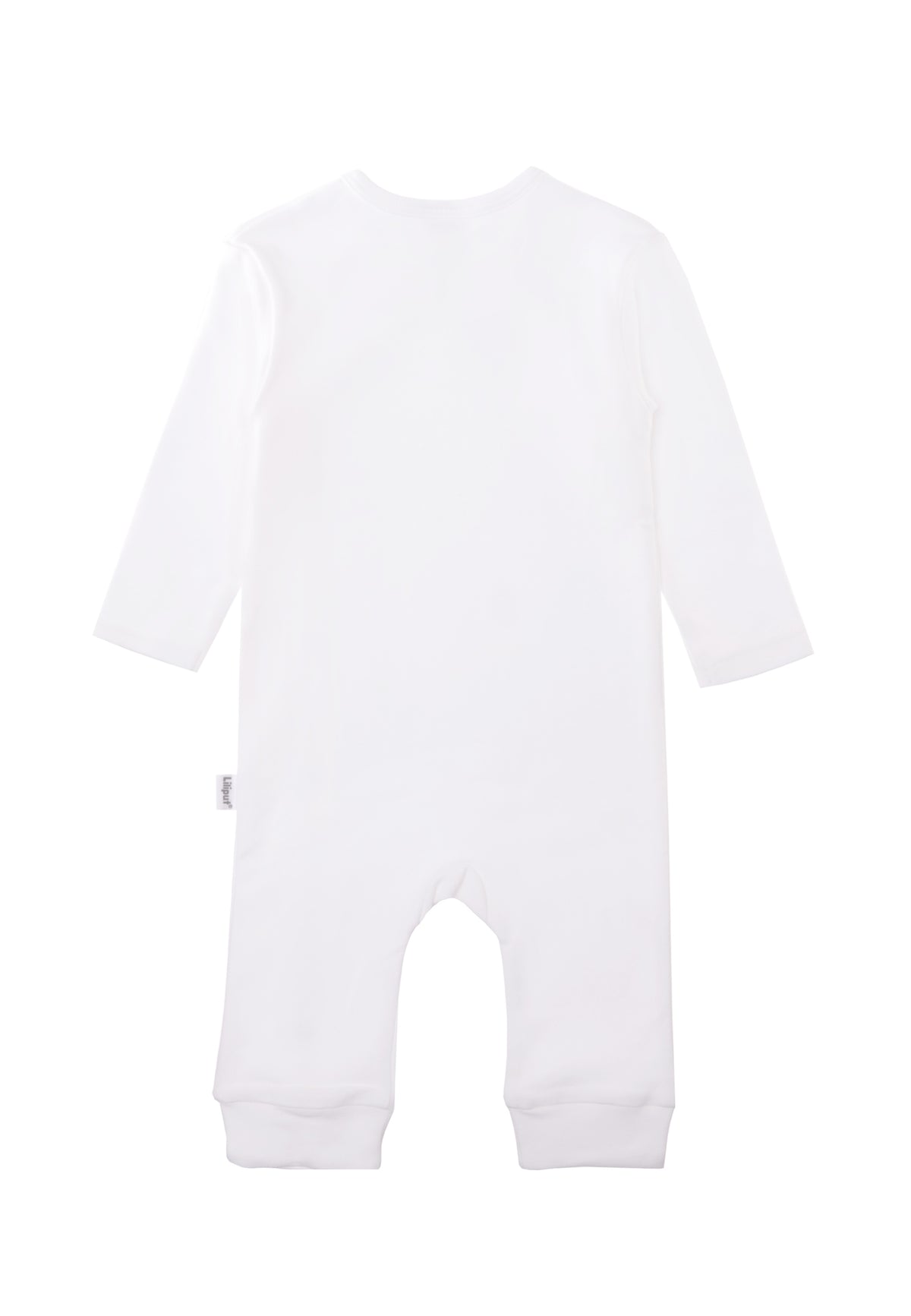 Rückseite des weißen Overalls aus Bio Baumwolle.