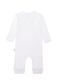 Rückseite des weißen Overalls aus Bio Baumwolle.