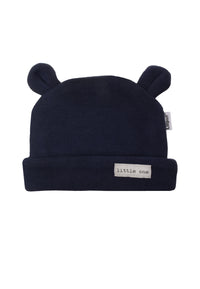 Ribstrick Mütze in marine mit süßen Ohren und Patch "little one".