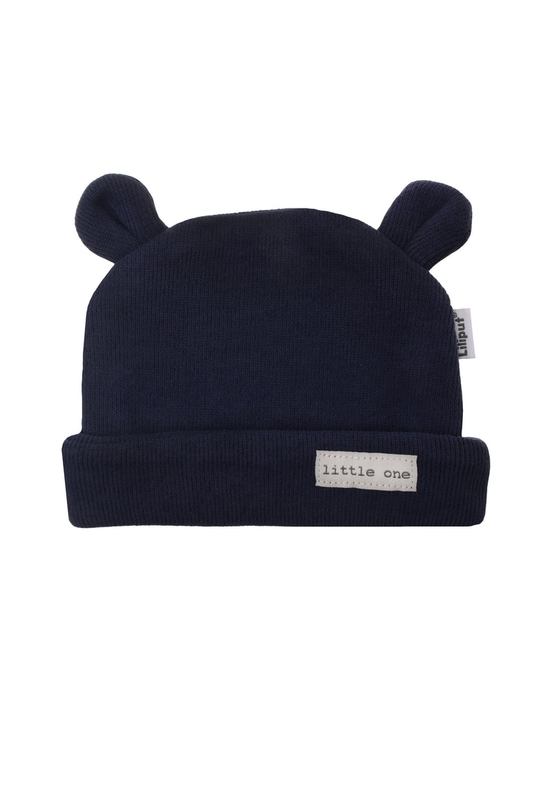 Ribstrick Mütze in marine mit süßen Ohren und Patch "little one".