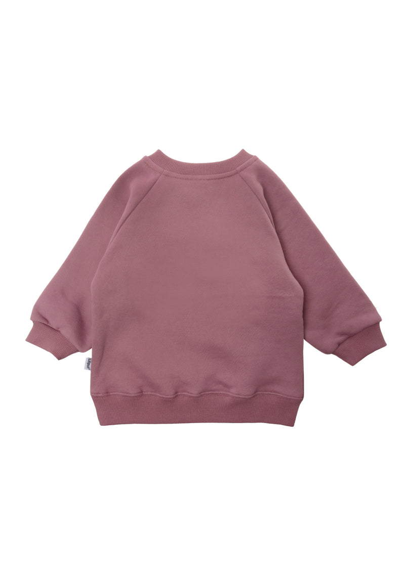 Rückseite Sweatshirt in rosè mit Raglanärmeln.