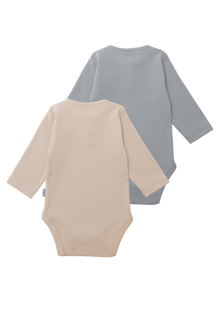Rückseite des Doppelpacks Langarmbodies in blau und beige.