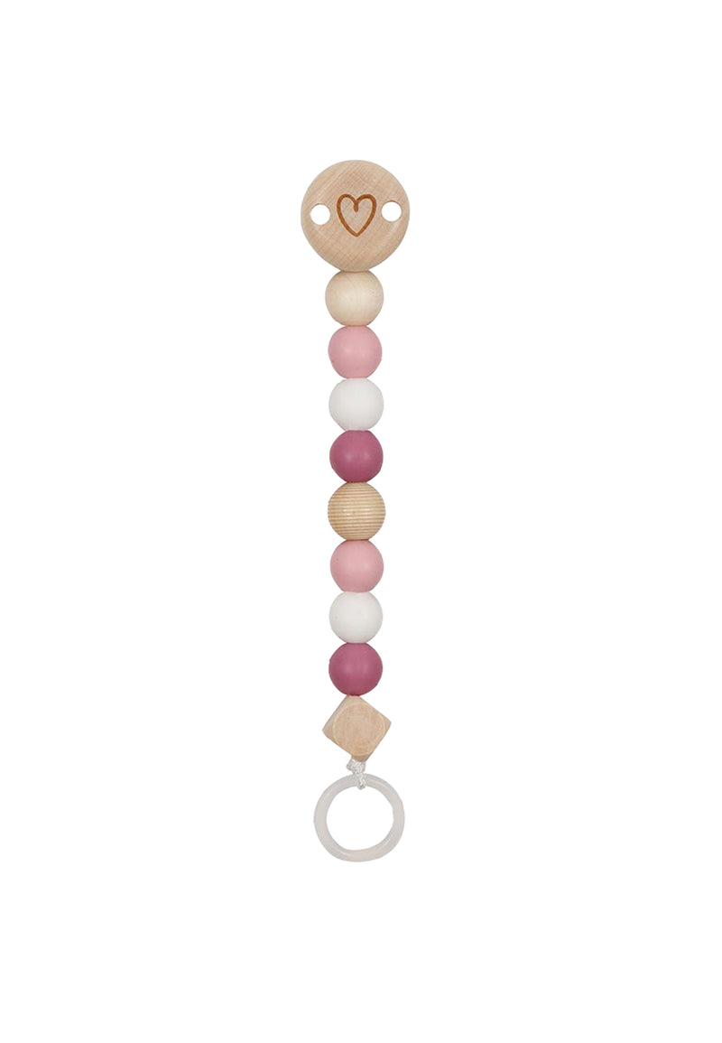 Schnullerkette in rosè aus Silikon und Hlz.