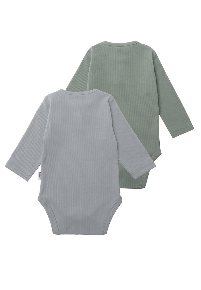 Rückseite des Doppelpacks Langarmbodies in blau und schilf.
