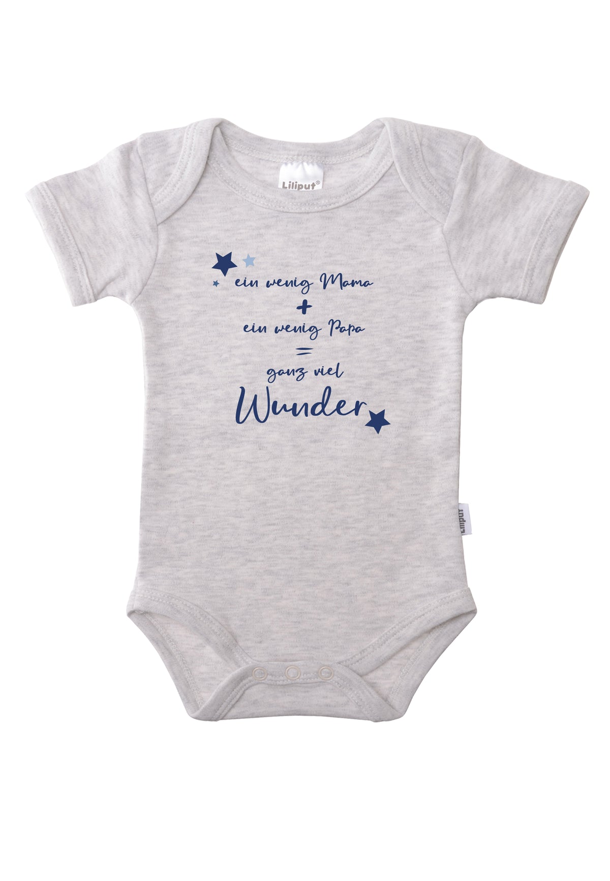 Kurzarmbody in grau melange mit niedlichem Frontprint "ein wenig Mama + ein wenig Papa = ganz viel Wunder".