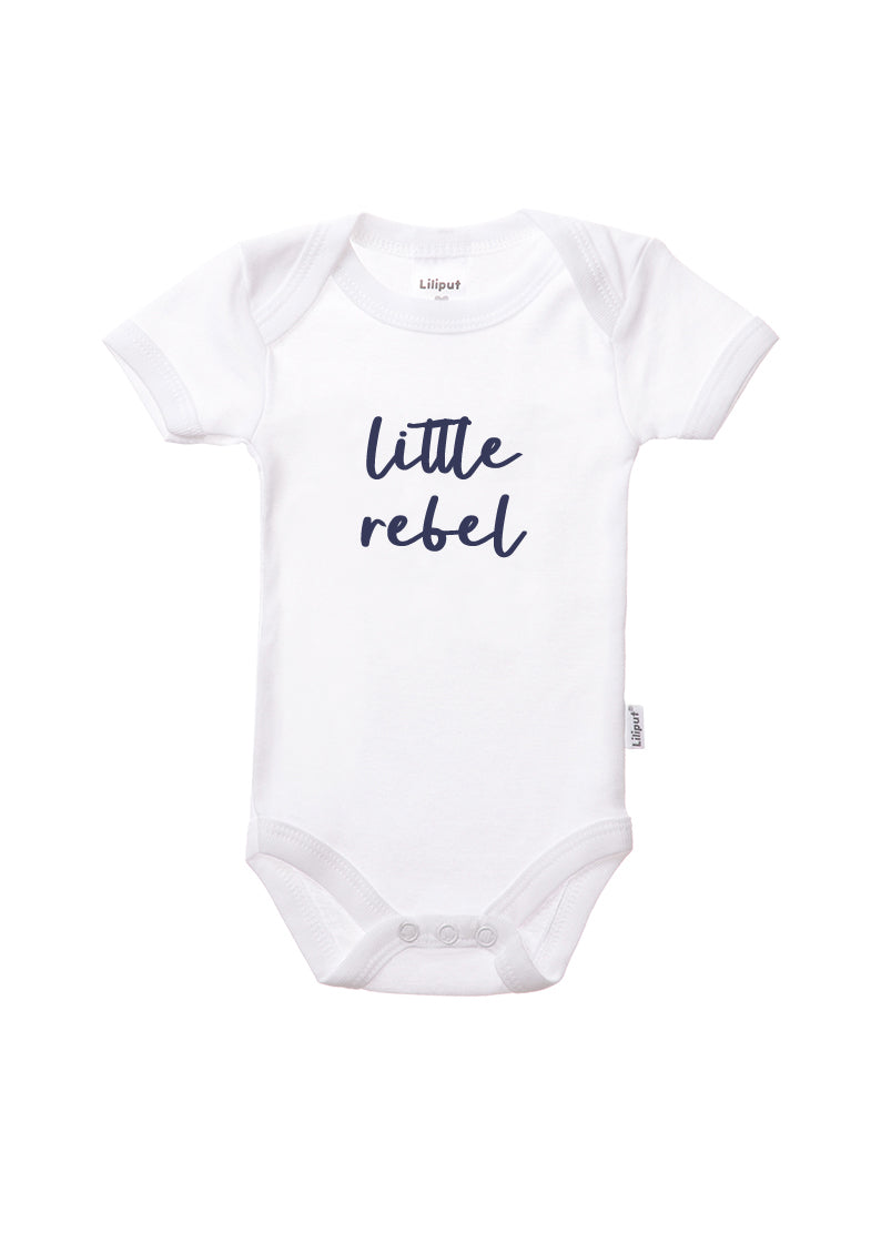 Kurzarmbody in weiß mit Print in marine "little rebel".
