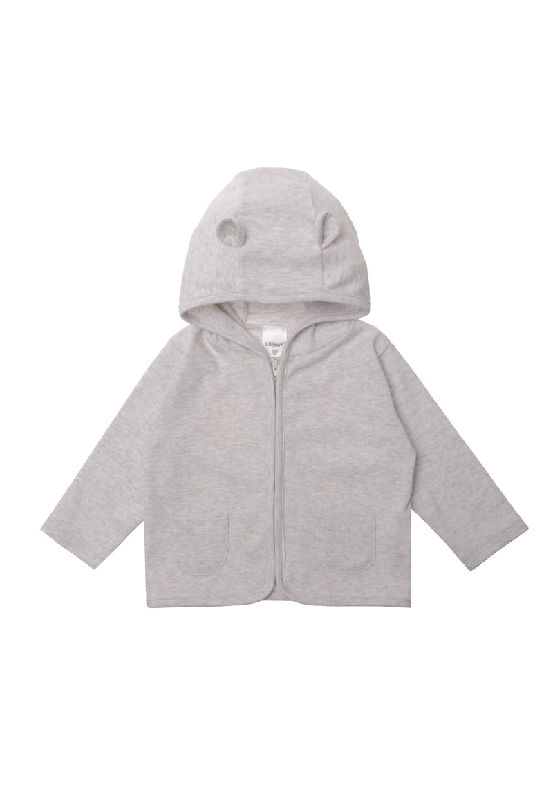 Frontseite Zipper Jacke mit zwei Eingriffstaschen in grau melange.