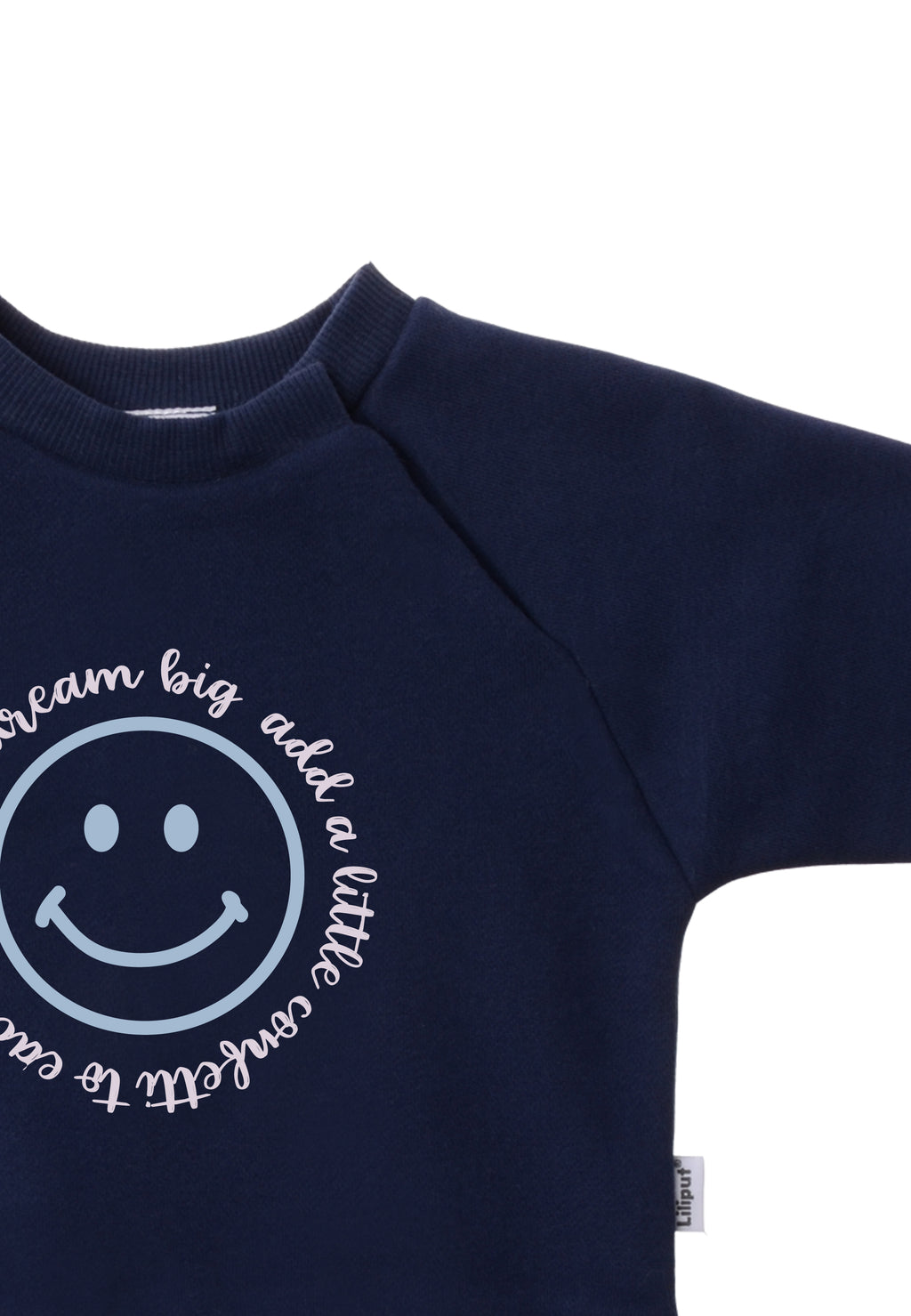 Sweatshirt in blau mit Smiley Print und Wording "add a little confetti to each day and dream big"
