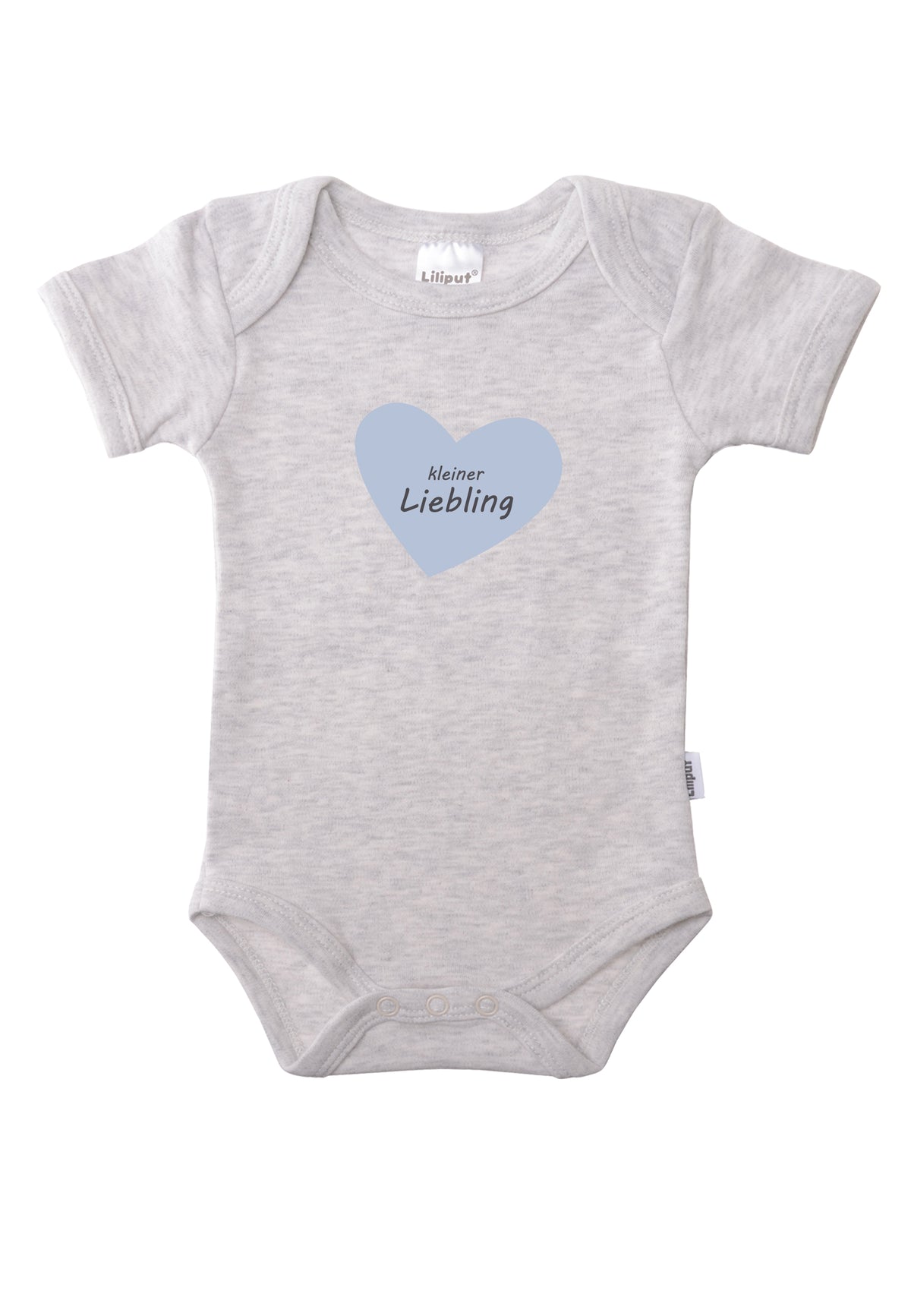 grauer Kurzarmbody mit hellblauem Herzchen Print "kleiner Liebling".