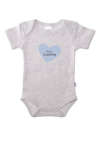 grauer Kurzarmbody mit hellblauem Herzchen Print "kleiner Liebling".