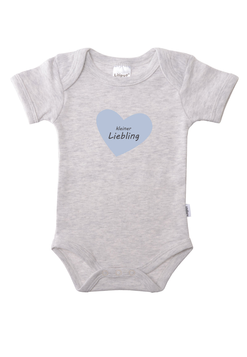 grauer Kurzarmbody mit hellblauem Herzchen Print "kleiner Liebling".