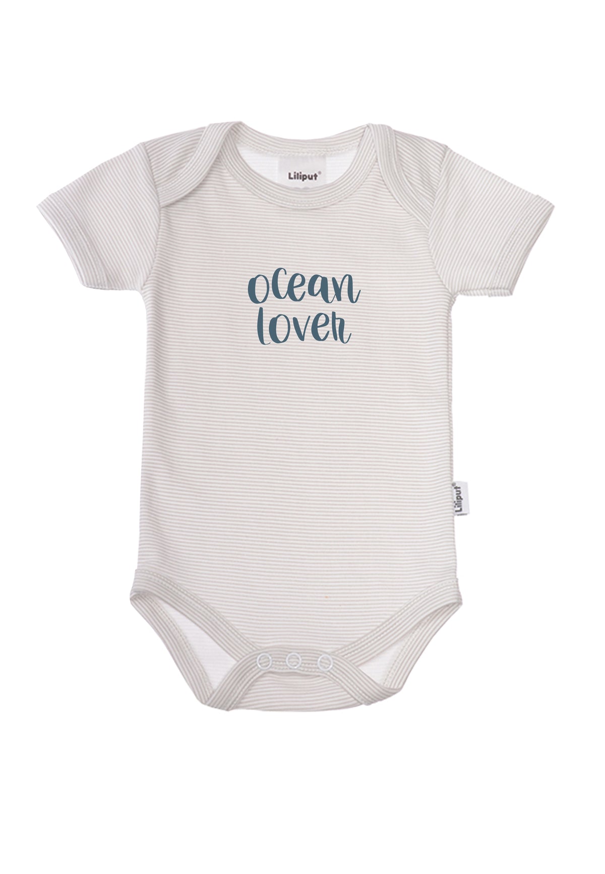 Grau gestreifter Kurzarmbody mit Print "ocean lover"