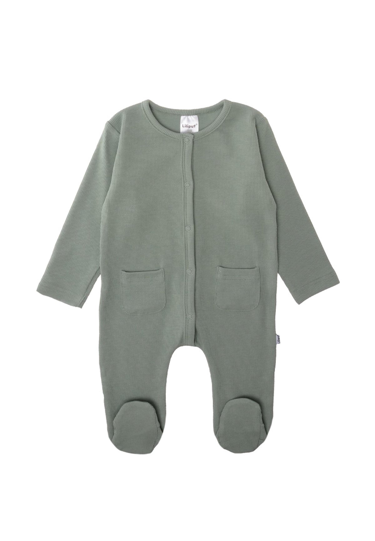 Overall mit Druckknopfleiste, aufgesetzten Taschen und Füßchen in der Farbe schilf.