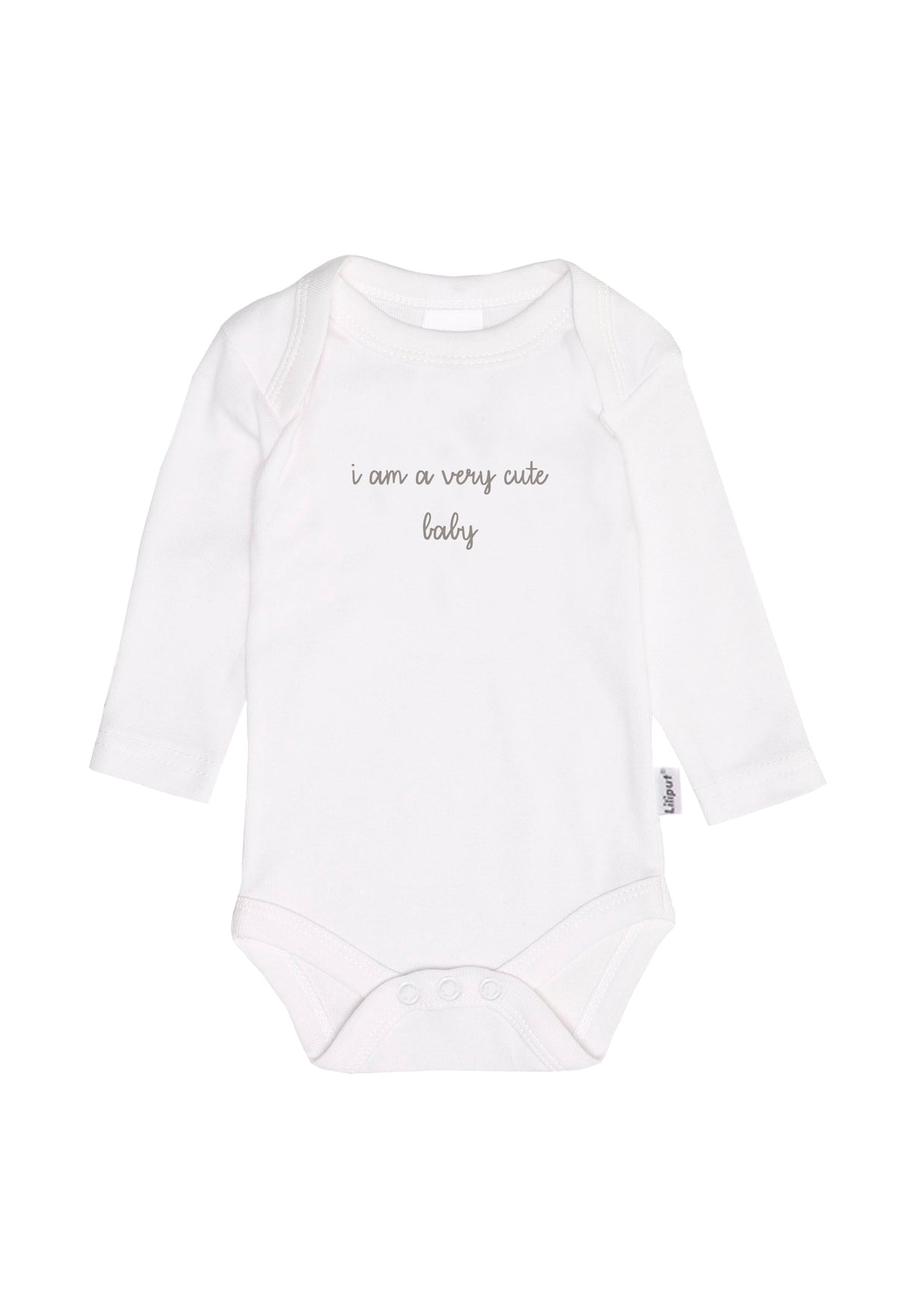 Weißer Amineckbody mit Wording " i am a very cute baby" 