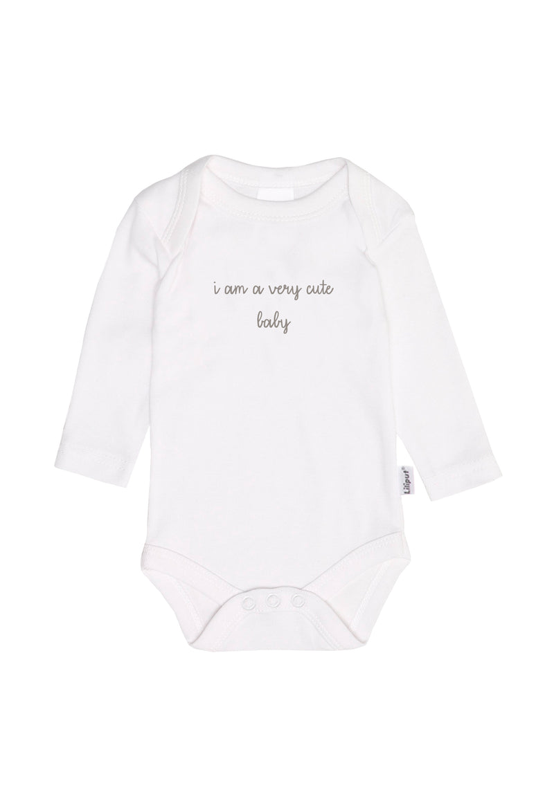 Weißer Amineckbody mit Wording " i am a very cute baby" 