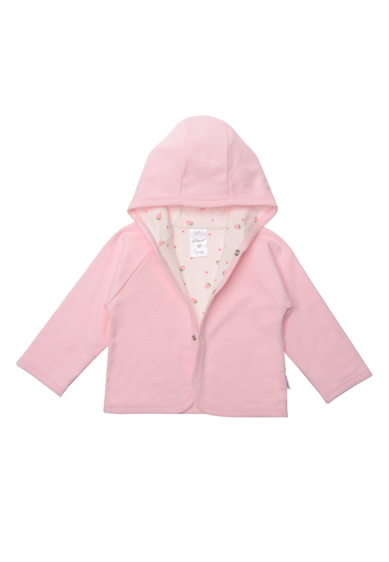 rosa Jacke mit Kapuze und Erdbeerprint innen