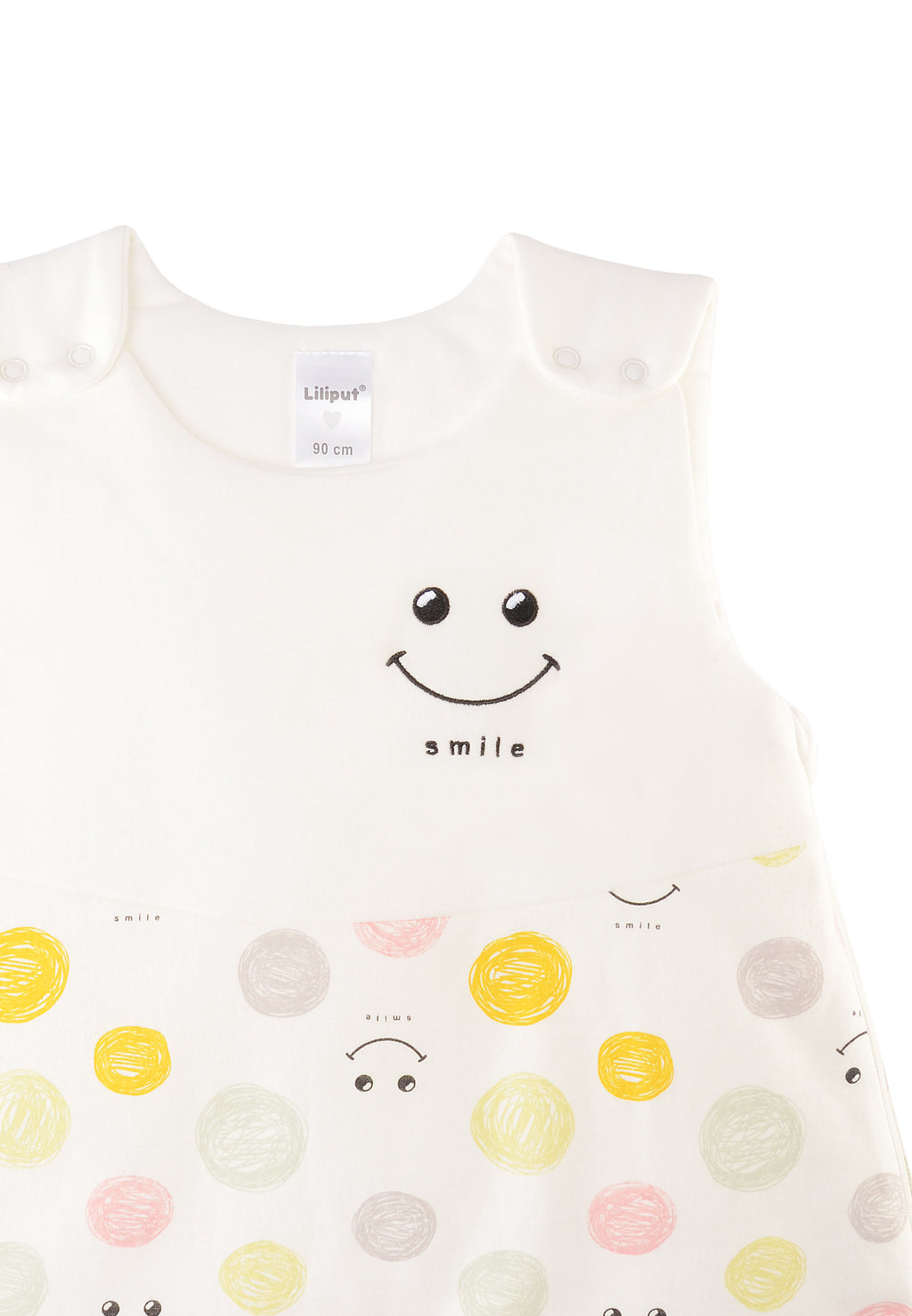 Schlafsack für Babys in unterschiedlichen Längen mit Knöpfen und Reißverschluss an der Seite. Design:  Smileys und Smile Stickerei