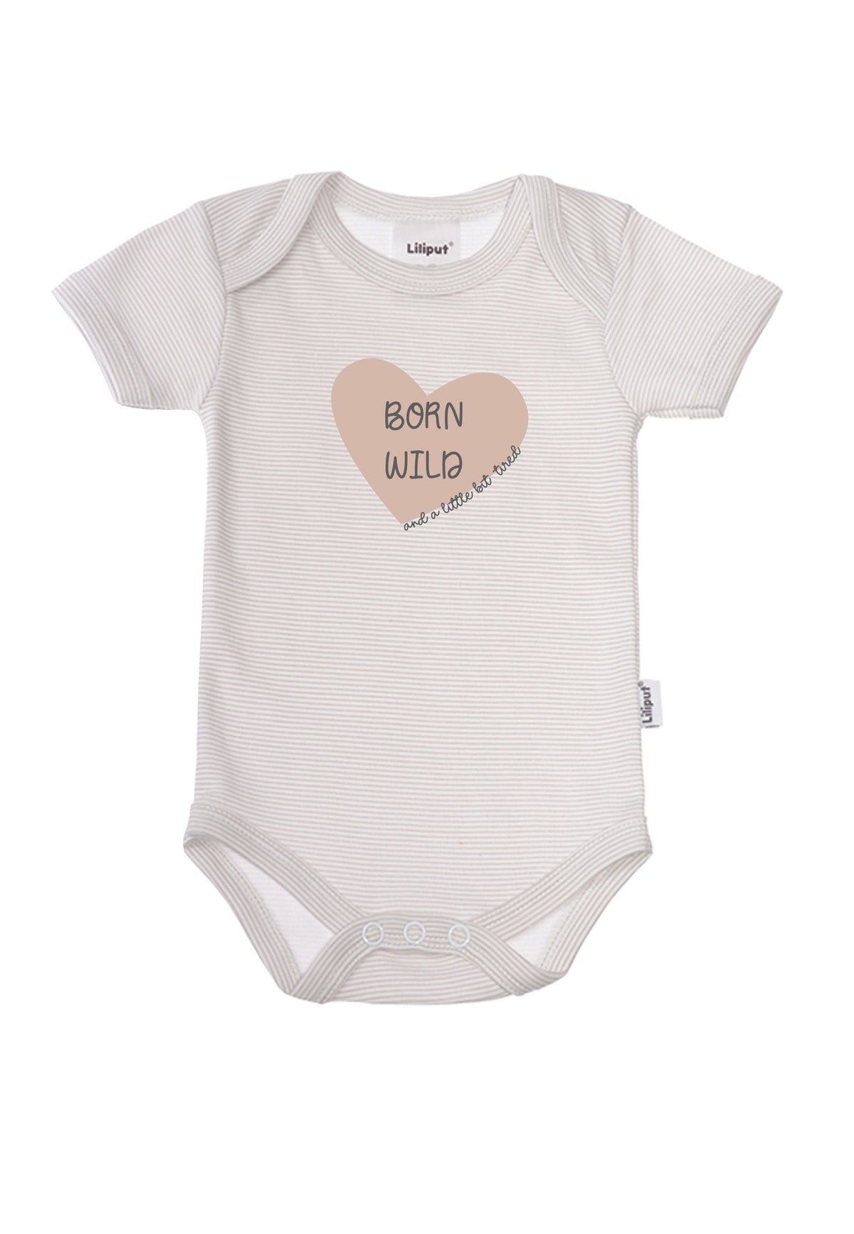 Amineckbody mit kurzem Arm in grau gestreift und niedlichem Print "born wild and a little bit tired".