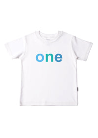Kinder-T-Shirt aus Bio-Baumwolle in weiß mit "one"