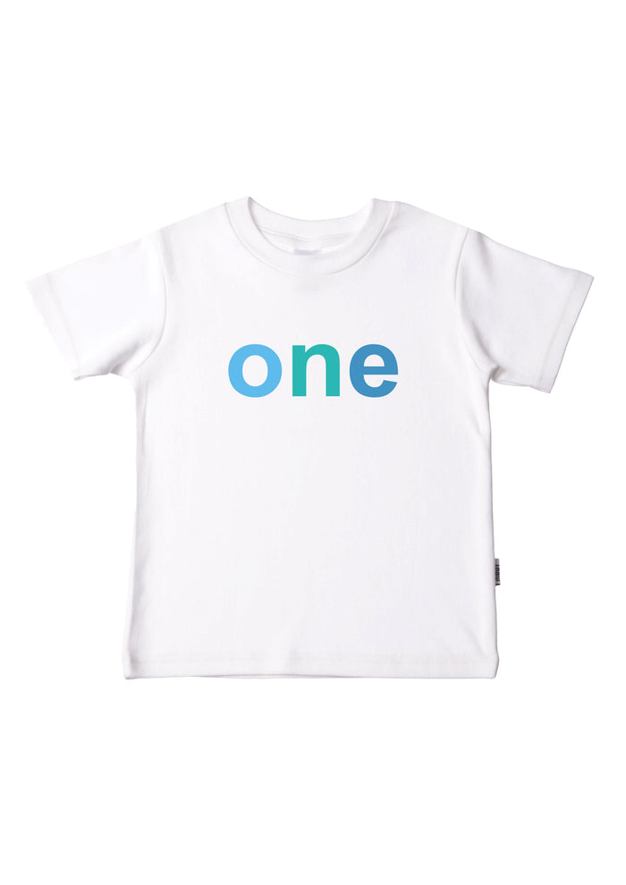 Kinder-T-Shirt aus Bio-Baumwolle in weiß mit "one"