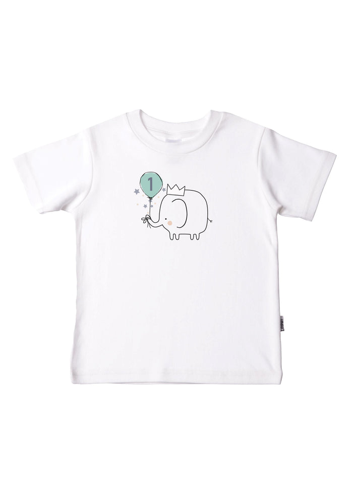Kinder-T-Shirt aus Bio-Baumwolle in weiß mit Elefant "1. Geburtstag"