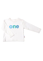 Kinder-Langarmshirt in ecru mit "one" in blau