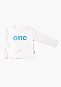 Kinder-Langarmshirt in ecru mit "one" in blau