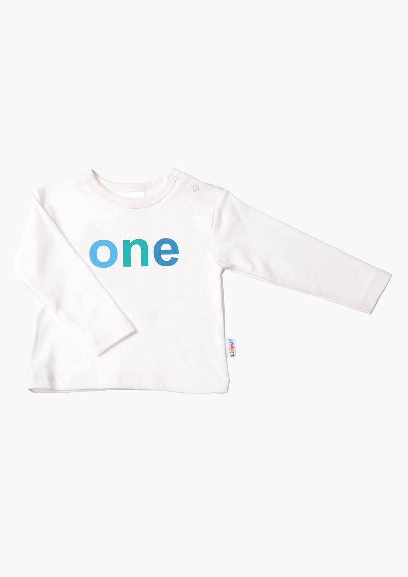 Kinder-Langarmshirt in ecru mit "one" in blau